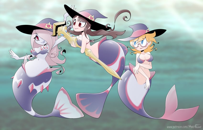 5_fingers atsuko_kagari blonde_hair brown_hair cleavage glasses hourglass_figure hyperflannel little_witch_academia lotte_yansson mermaid mermaid_girl mermaid_tail mermaid_transformation midriff multicolored_tail pink_hair png purple_tail seashell_bikini seashell_bikini_top seashell_bra shell_bikini shell_bra studio_trigger sucy_manbavaran thin_waist transformation underwater wide_hips