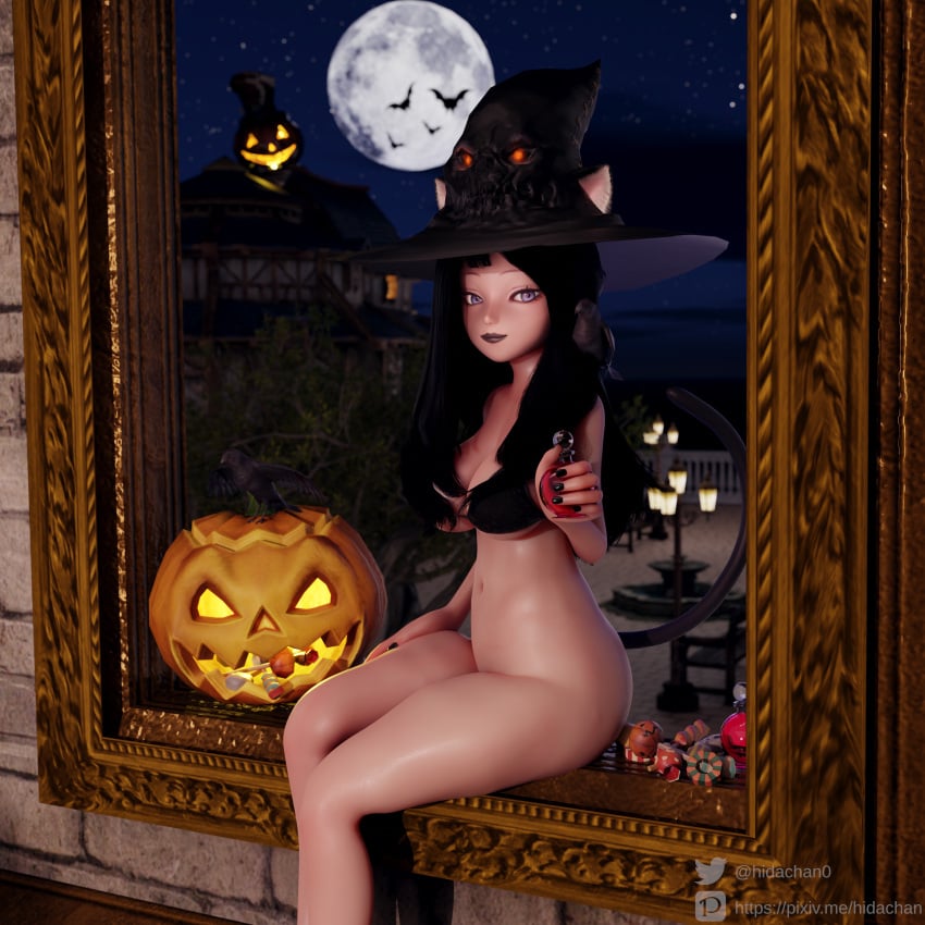 3d animal_ears bangs bat black_bra black_hair black_headwear black_nails blender bottomless bra breasts candy cat_ears cat_girl cat_tail cleavage crow elin female food full_moon glowing halloween hat hidachan jack-o'-lantern lollipop long_hair looking_at_viewer medium_breasts moon nail_polish navel night night_sky potion pumpkin purple_eyes self_upload sitting sky smile solo starry_sky tail tera_online watermark window witch_hat