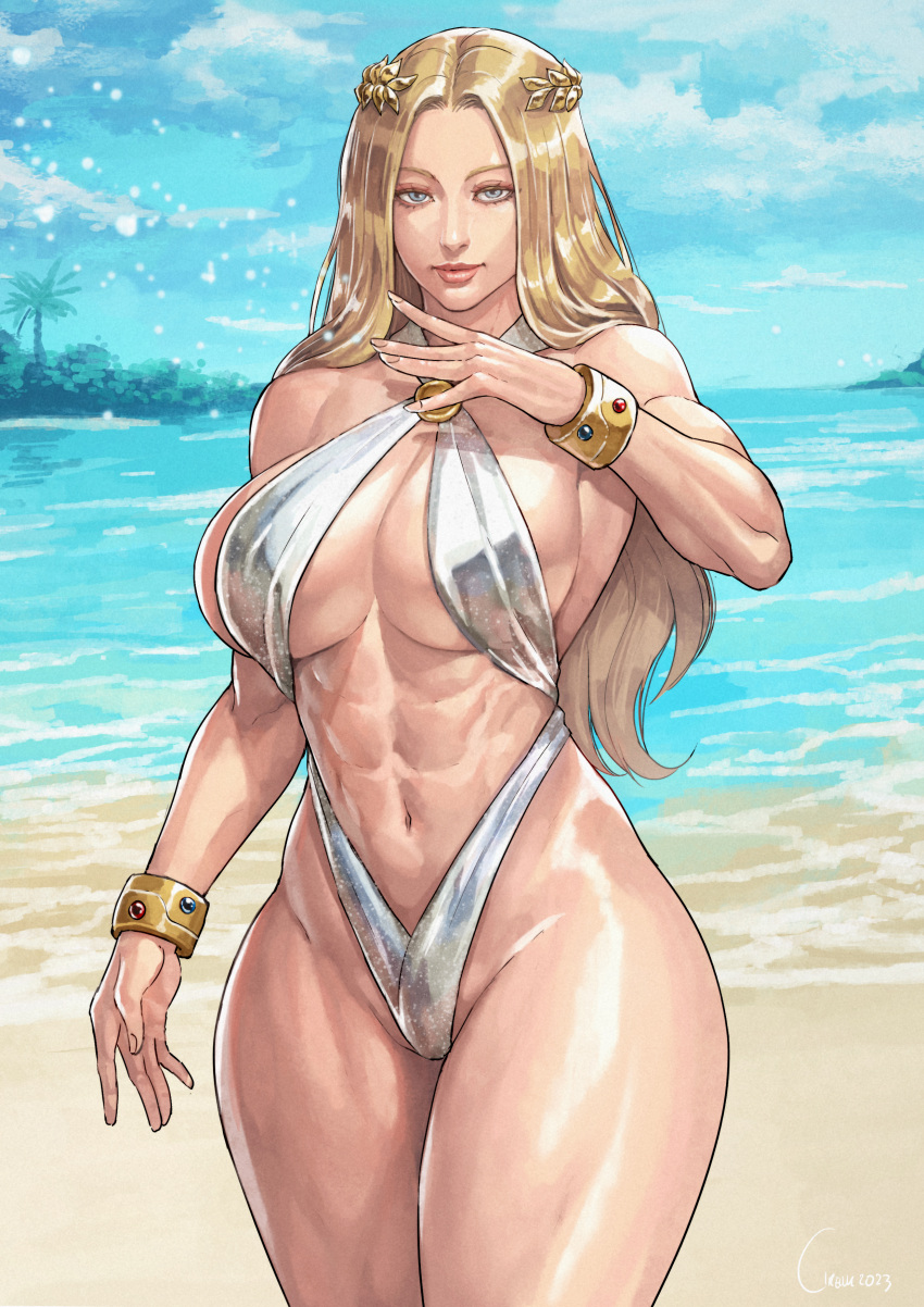 1girls abs absurdres beach bikini blonde_hair bracelet breasts capcom cirenk clothing female high_resolution highres jewelry kolin large_breasts looking_at_viewer midriff muscle muscular_female pixiv solo street_fighter street_fighter_iii street_fighter_iii:_3rd_strike street_fighter_iii_(series) street_fighter_v swimsuit very_high_resolution