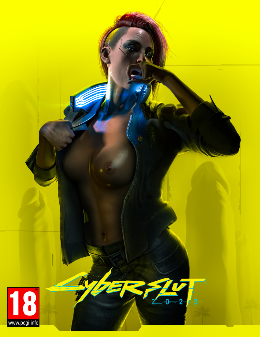 3d blender breasts cd_projekt_red clothing cunnilingus_gesture cyberpunk_2077 exposed_breasts highres jacket jacket_lift jacket_open jeans looking_at_viewer parody pose red_hair rekkakun standing sweat tongue_out v_(cyberpunk_2077) valerie_(cyberpunk_2077)