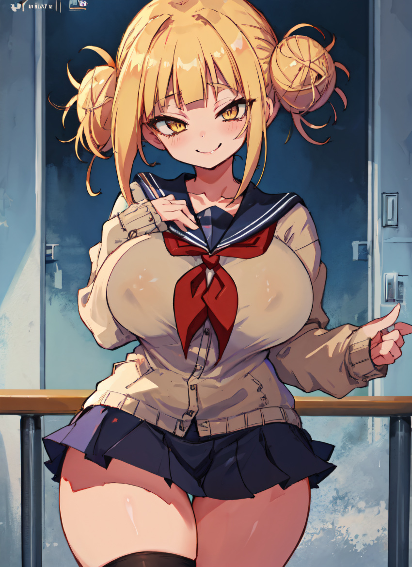 1girls ai_generated big_breasts blonde_hair curvaceous curvy hair_bun hi_res himiko_toga large_breasts mabi_ai my_hero_academia nipple_bulge school_uniform schoolgirl skirt thick_thighs thigh_gap thighhighs toga_himiko wide_hips yellow_eyes