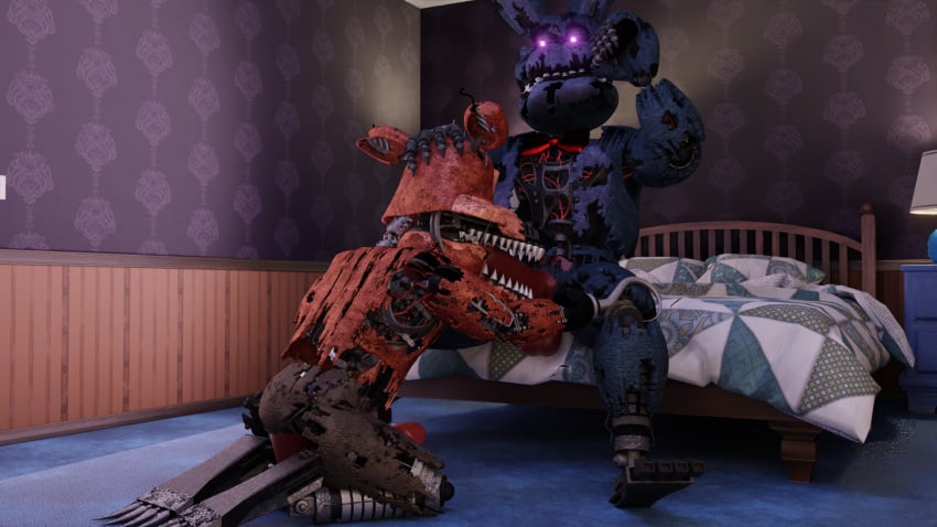 3d_(artwork) 3d_background animatronic anonymous_artist anthro balls bed bedroom beer_bottle bonnie_(fnaf) bottle claws container digital_media_(artwork) drinking duo erection eye_contact feet fellatio five_nights_at_freddy's five_nights_at_freddy's_4 foxofnightmares foxy_(fnaf) furniture genitals hand_on_head hand_on_leg hi_res hook humanoid kneeling lamp looking_at_another looking_at_partner machine male male/male nightmare_bonnie nightmare_foxy oral penile penis robot robot_humanoid scottgames sex sharp_claws sharp_teeth teeth toe_claws