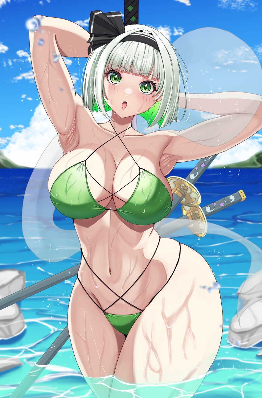 armpits bikini bra female hossy large_ass large_breasts midriff navel panties thick_thighs touhou wide_hips youmu_konpaku