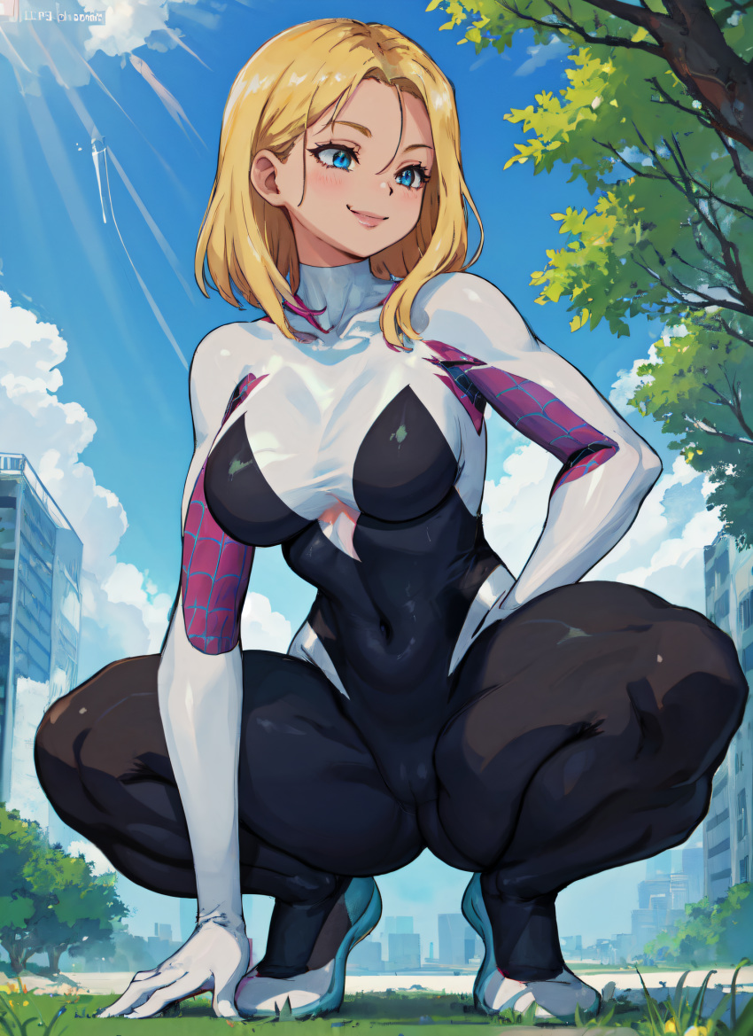 1girls ai_generated big_breasts blonde_hair blue_eyes bodysuit breasts cameltoe curvy female_focus female_only gwen_stacy gwen_stacy_(spider-verse) hi_res large_breasts mabi_ai marvel marvel_comics solo solo_female solo_focus spider-gwen spider-man:_across_the_spider-verse spider-man:_into_the_spider-verse spider-man_(series) squatting thick_thighs wide_hips