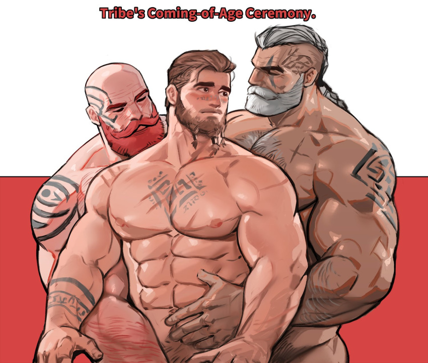 2022 abs arm_scar arm_tattoo bald beard biceps blush blush body_hair braided_hair brown_hair chest_scar chest_tattoo dialogue dopq english_text facial_hair facial_tattoo gay grey_hair hairy hairy_arms male_only muscular muscular_male nipples nude pecs pubes red_hair red_hair shoulder_scar shoulder_tattoo tan_skin tattoo threesome tribe trio veiny_muscles yy6242