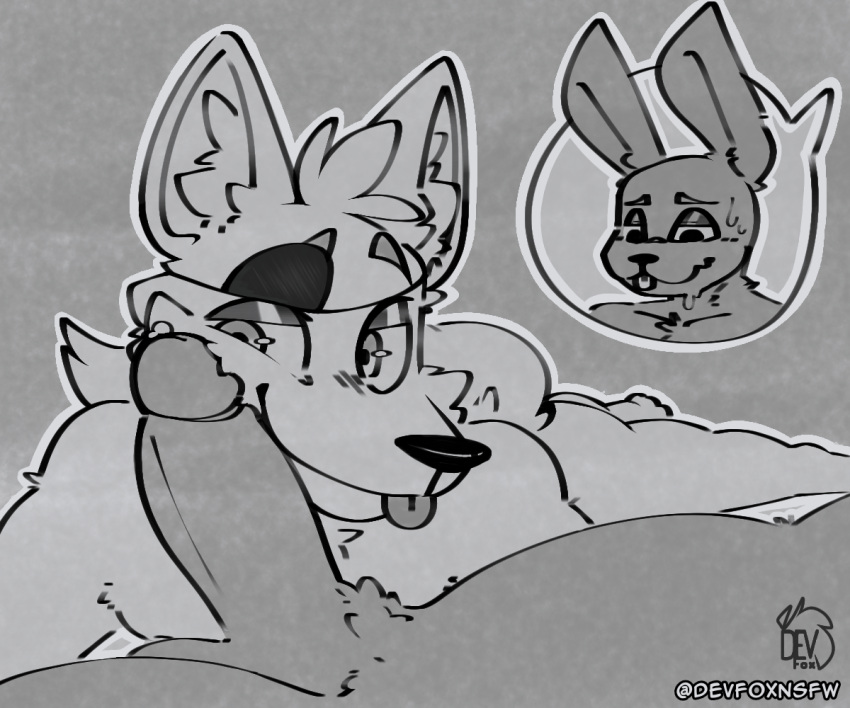 2boys anthro bonnie_(fnaf) canid canine devfoxnsfw duo five_nights_at_freddy's fox foxy_(fnaf) frottage fur gay gay_male genitals lagomorph leporid looking_at_viewer male male/male male_only mammal monochrome penis penis_on_face rabbit scott_cawthon scottgames sex simple_background smile smiling_at_viewer tongue tongue_out