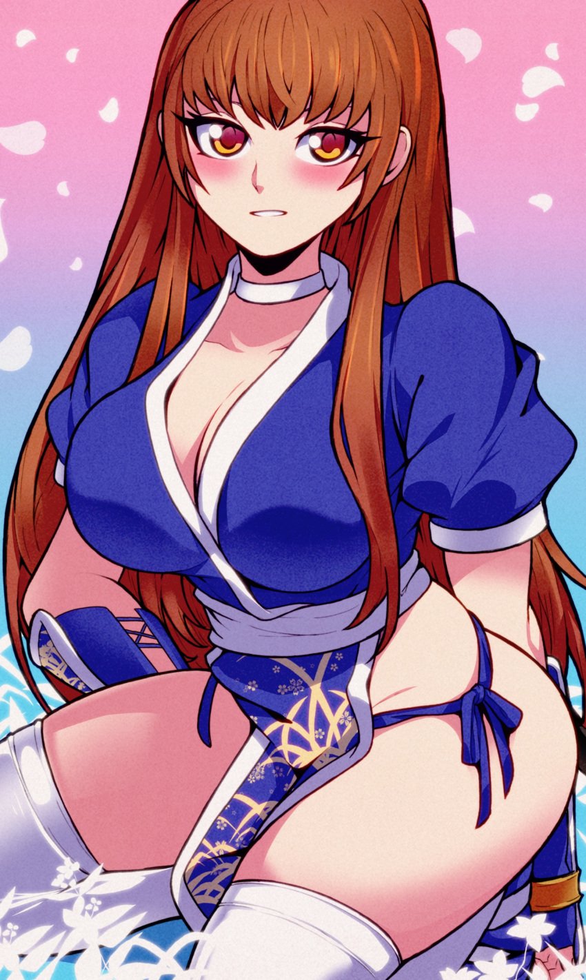 absurd_res aqua000marine aquamarinesss big_breasts blush brown_eyes brown_hair cleavage dead_or_alive female high_res kasumi_(doa) looking_at_viewer naked_under_clothes no_bra no_panties no_underwear nude_underneath pelvic_curtain smile