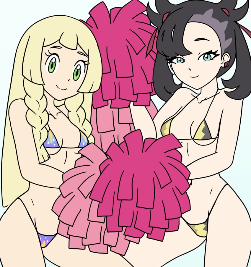 aged_up bikini black_hair blonde_hair blue_eyes braided_hair cheering game_freak gravelurkertsk green_eyes lillie_(pokemon) marnie_(pokemon) nintendo pokemon pokemon_sm pokemon_ss pom_poms shaved_side twintails