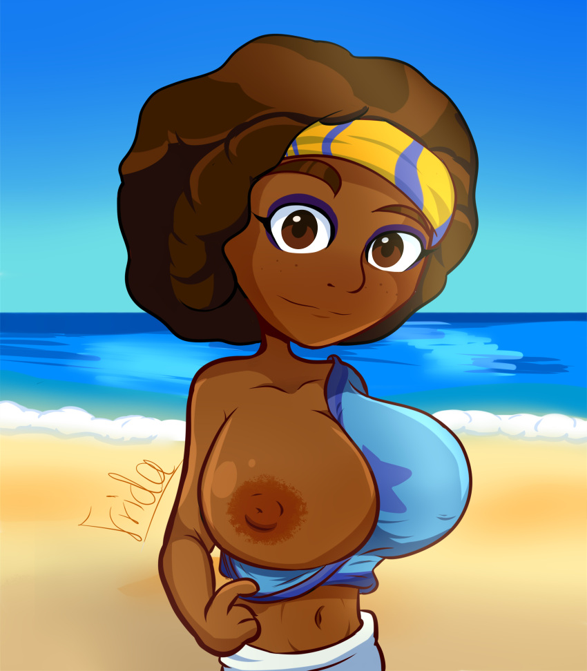 1girls alternate_version_available atleta_africana_(cooking_madness) beach big_breasts breasts brown_hair cooking_madness fcosg female female_only frida69 holding holding_pie looking_at_viewer naked_apron nude_female seductive short_hair showing_breasts smile solo solo_female