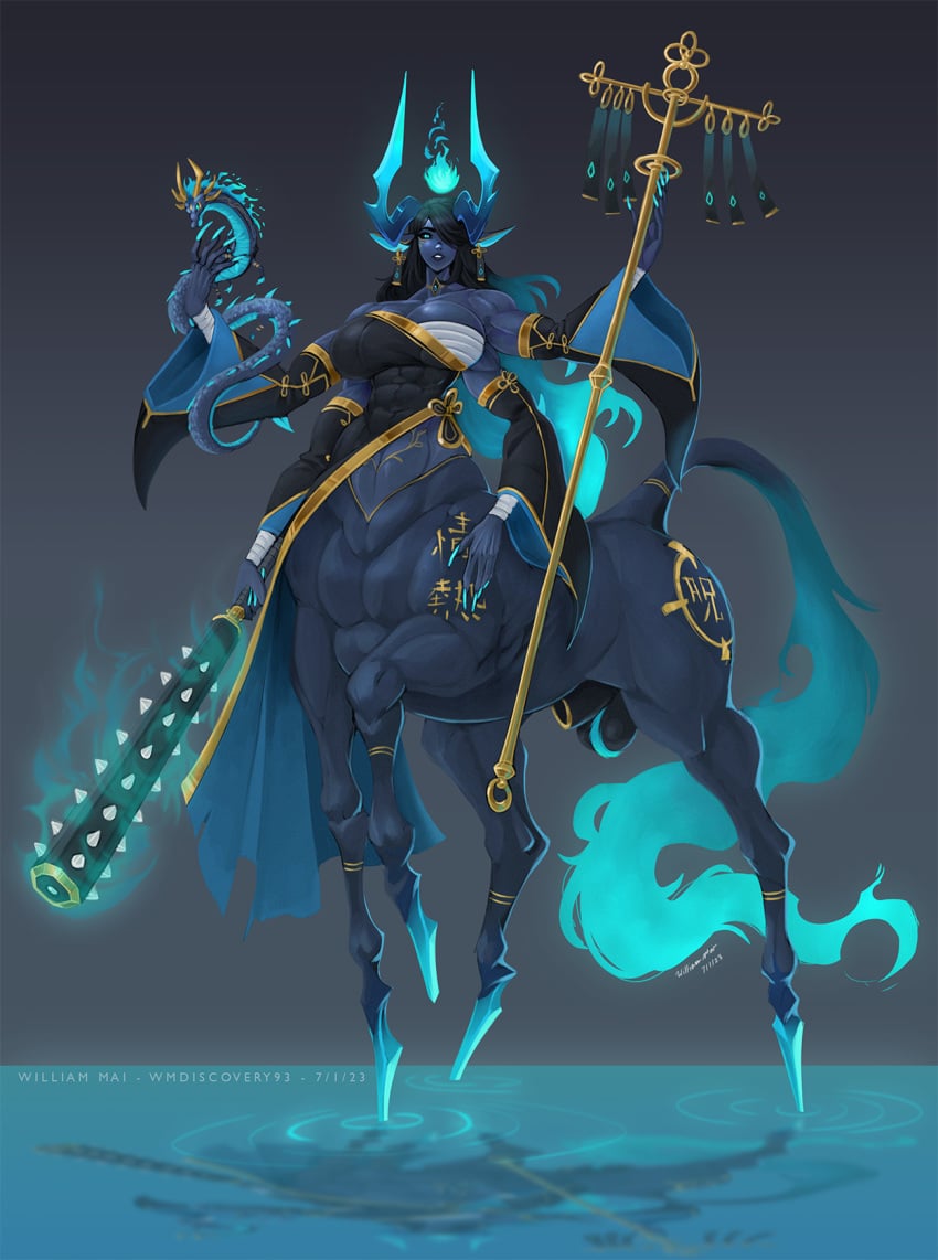 1futa animal_genitalia asian_mythology balls black_clothing black_hair black_sclera blonde_hair blue_eyes blue_nails breasts centaur clothed clothing club_(weapon) colored_nails demon dragon east_asian_mythology equid equid_taur fire full_body fully_sheathed futa_only futanari genitals gold_trim gynomorph hi_res hooves horn horns humanoid humanoid_taur intersex japanese_mythology long_ears long_hair long_nails looking_at_viewer low-angle_view mammal mammal_taur melee_weapon mythology nails oni partially_clothed penis scepter sheath solo spikes taur weapon wmdiscovery93 yokai