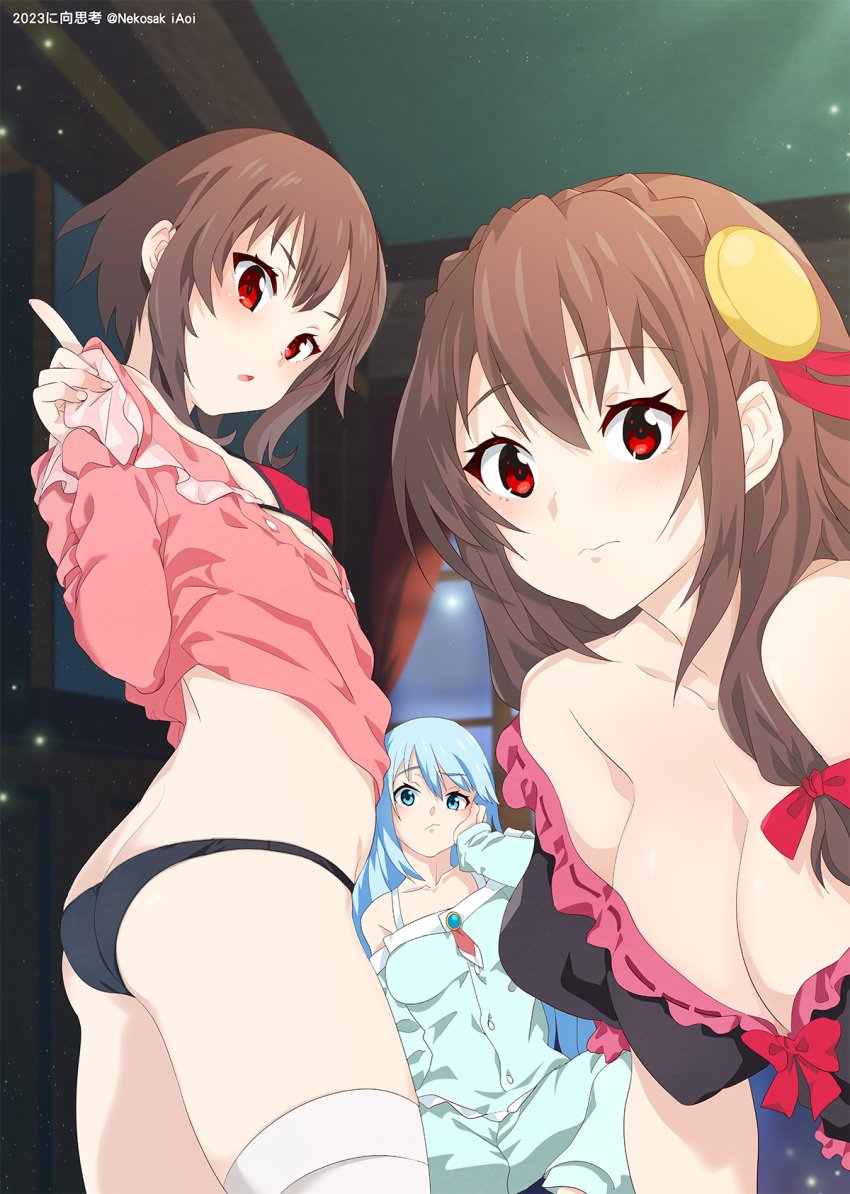 3girls aqua_(konosuba) ass bandaged_leg bandages black_panties blue_eyes blue_hair breasts brown_hair butt_crack cleavage closed_mouth collarbone female female_only hair_down hair_ornament hanging_breasts highres indoors kono_subarashii_sekai_ni_shukufuku_wo! large_breasts long_hair looking_at_viewer medium_breasts megumin multiple_girls nekosaki open_mouth pajamas panties red_eyes short_hair short_hair_with_long_locks sidelocks sitting small_breasts standing underwear yunyun_(konosuba)