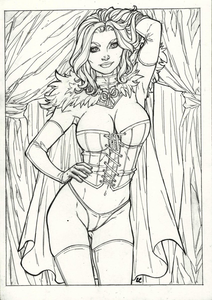 big_breasts black_and_white breasts cameltoe cape cleavage corset curvy curvy_female elbow_gloves emma_frost female female_only hand_behind_head hand_on_hip hourglass_figure lcfreitas lingerie marvel marvel_comics navel panties pencil_(artwork) thick_thighs thighhighs white_queen x-men