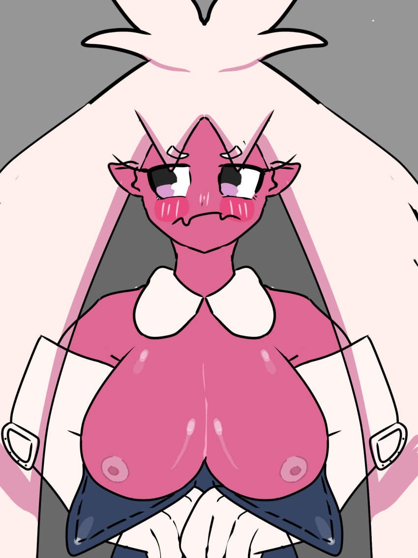 black_eyes breasts fangs humanoid long_hair pink_body pokemon pokemon_(species) pokemon_sv pokephilia show_boobs shy tinkaton