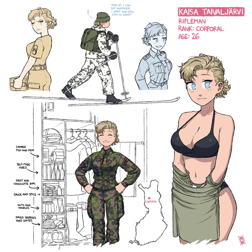 1girls big_breasts blonde_female blonde_hair blue_eyes female finland kaisa_taivaljarvi lingerie looking_to_the_side military military_uniform national_personification no_sex non_sexual ostwindprojekt_(artist) shirtless shirtless_female smile soldier underwear