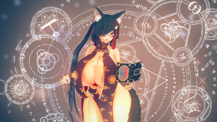 3d alternate_costume alternate_hairstyle bangs book breast_curtain china_dress chinese_clothes dress female glasses hair_ornament hololive hololive_gamers hololive_japan koikatsu multicolored_hair no_bra no_panties ookami_mio pelvic_curtain revealing_clothes twintails virtual_youtuber wolf_ears wolf_girl wolf_tail