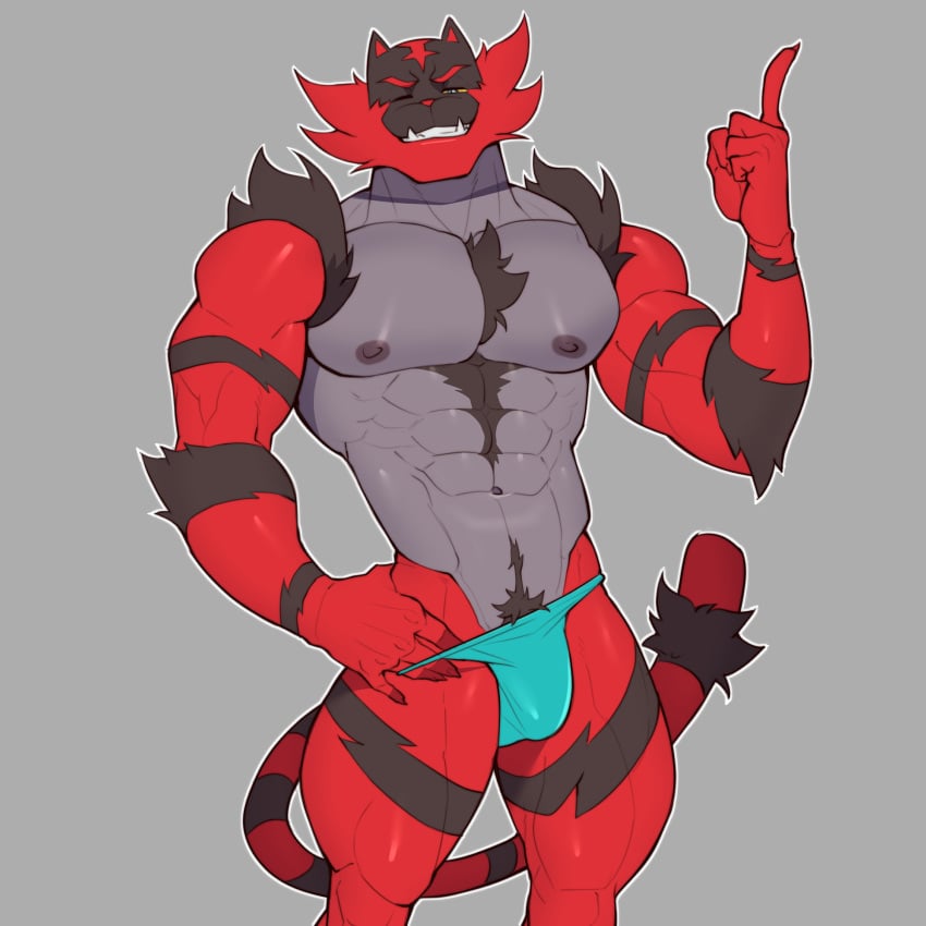 2023 5_fingers abs anthro biceps biped body_hair bulge chest_hair claws clothed clothing digital_drawing_(artwork) digital_media_(artwork) finger_claws fingers fur generation_7_pokemon hi_res incineroar jockstrap jockstrap_only looking_at_viewer male male_only muto20002 navel nintendo pecs pokemon pokemon_(species) simple_background solo standing tail teeth topless underwear underwear_only