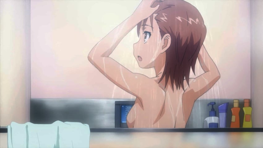 00s 1girls 2009 :o accurate_art_style arms_up bare_ass bare_back bare_shoulders bath breasts brown_eyes brown_hair brunette casual_nudity completely_nude completely_nude_female female from_behind hi_res indoors locker_room matching_hair/eyes misaka_mikoto nude nude_female official_art official_copyright open_mouth screencap see-through short_hair shoulder_blades shower_stall showering sideboob small_breasts solo standing steam teenage_girl teenager to_aru_kagaku_no_railgun to_aru_majutsu_no_index upper_body washing wet young