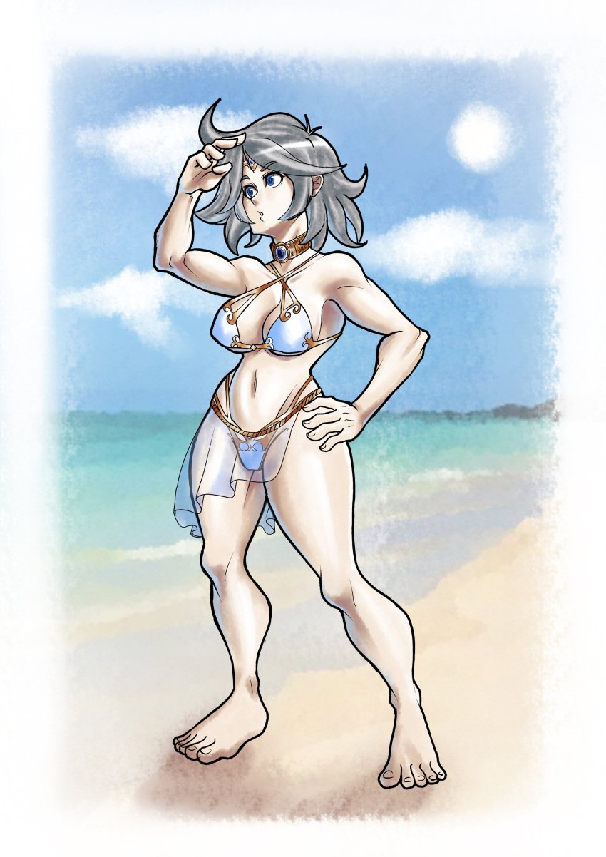 1girls alternate_version_available barefoot beach bikini breasts clothed clothed_female collar female female_only full_body hand_on_hip looking_out notilustregui original original_character solo solo_female