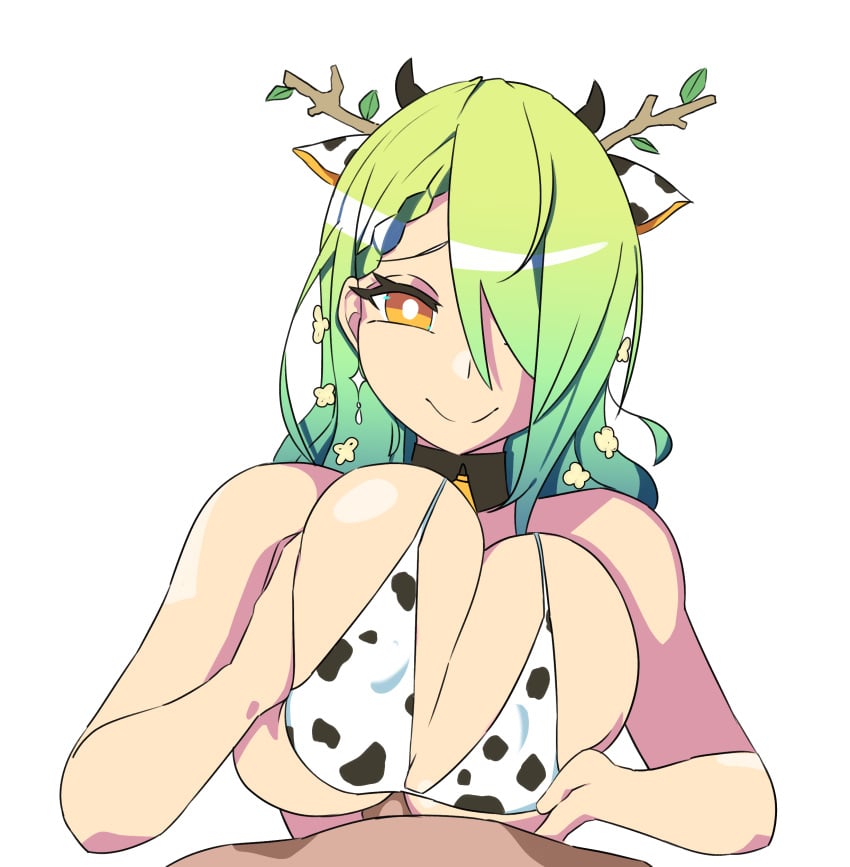 1boy 1girls antlers breasts ceres_fauna cleavage cow_ears cow_print cow_print_bikini earrings green_hair hair_ornament hair_over_one_eye hololive hololive_english hololive_english_-council- hololive_english_-promise- huge_breasts long_hair looking_at_viewer paizuri penis pov ruw_ruler smile straight virtual_youtuber yellow_eyes