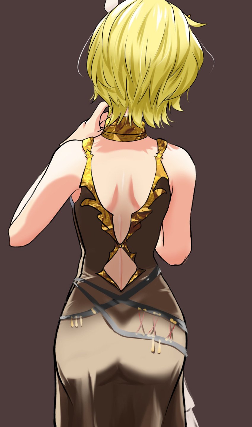 1girls absurdres ass back back_focus back_view backless_dress backless_outfit bare_back bare_shoulders big_ass blonde_hair brown_dress citrinne_(fire_emblem) dress female female female_only fire_emblem fire_emblem_engage from_behind gold_choker highres mu_tu_bu short_hair shoulder_blades simple_background solo