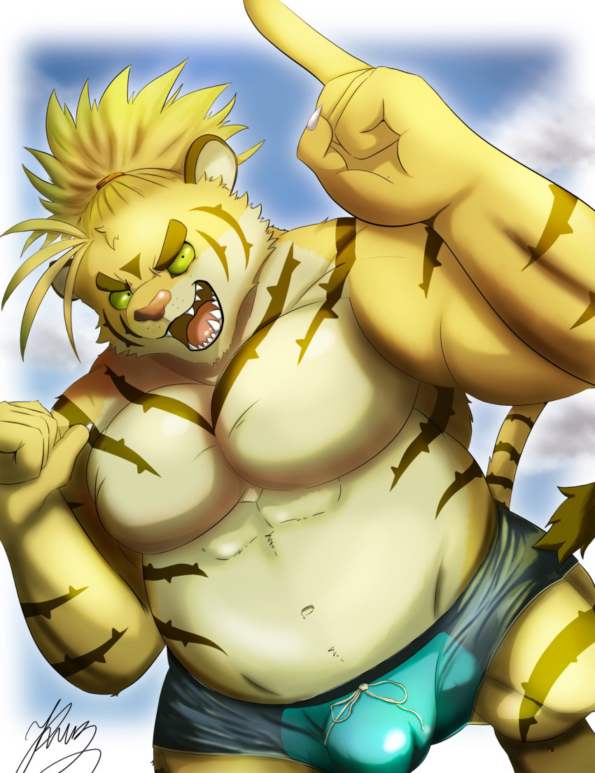 1boy abs anthro bulge clothing detailed_bulge felid fur green_eyes hair hi_res kt0414143919 lifewonders macan_(tokyo_afterschool_summoners) magan male male_only mammal muscular muscular_anthro muscular_male navel nipples pantherine pecs ponytail solo speedo striped_body striped_fur stripes swimwear tiger tokyo_afterschool_summoners yellow_body yellow_fur