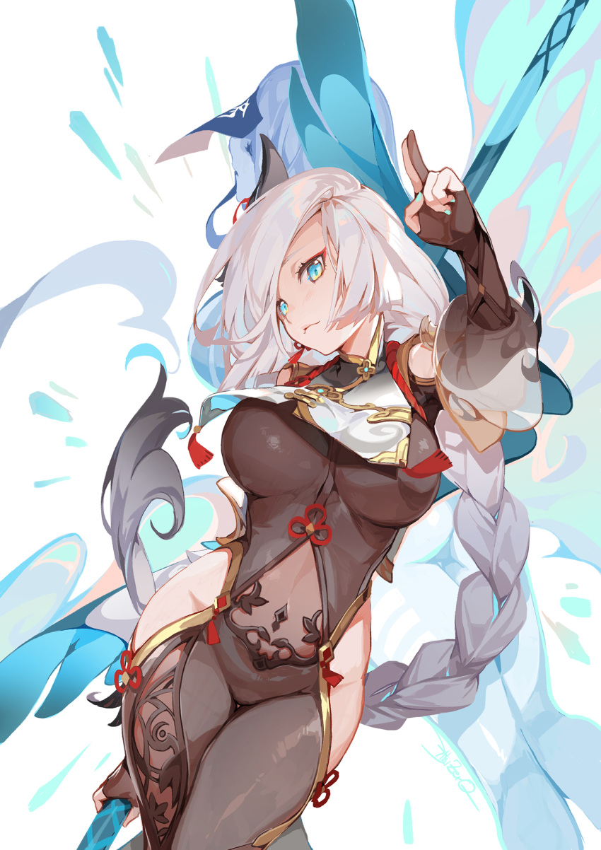 akizero1510 big_breasts blue_eyes blue_nail_polish braid braided_hair braided_ponytail breasts crotch_lines exposed_shoulders genshin_impact holding_object holding_spear holding_weapon long_hair looking_at_viewer shenhe_(genshin_impact) spear thick_thighs transparent_clothing white_hair wide_hips