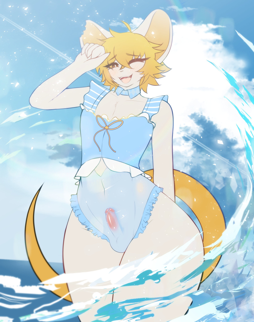 absurd_res anthro blonde_hair bulge clothing cloud day erection femboy fur genital_outline genitals girly hair hi_res male male_only mammal mimi_(proudmimic) mouse murid murine nastycalamari one-piece_swimsuit outside partially_submerged penis penis_outline rodent sky smile solo standing_in_water sun_rays swimwear translucent translucent_clothing wet wet_clothing white_body white_fur