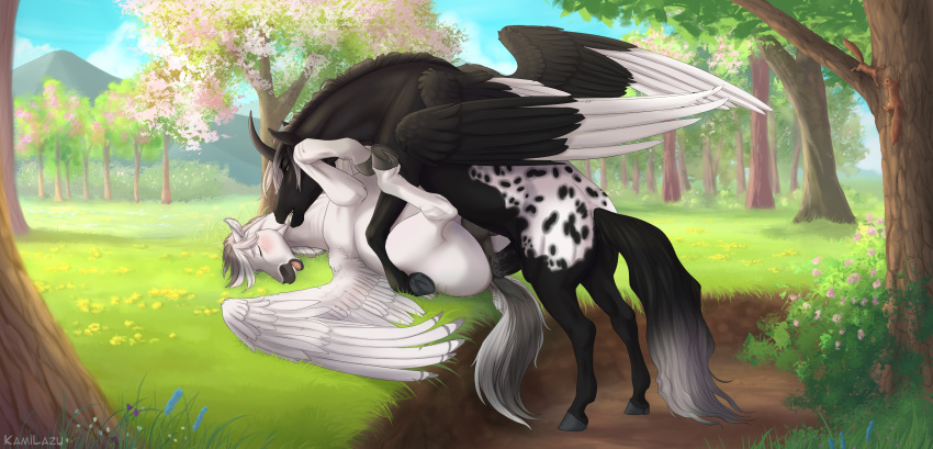 2023 absurd_res alicorn alterion_(alter) anal anal_sex animal_genitalia animal_penis anus appaloosa appaloosa_(marking) ass balls bite blush bodily_fluids detailed_background digital_media_(artwork) draft_horse duo equid equine equine_anus equine_genitalia equine_penis erection feathered_wings feathers feral feral_on_feral fjord_horse fur genital_fluids genitals hi_res hooves horn horse kamilazu lying male male/male male_penetrated male_penetrating male_penetrating_male mammal mane markings multicolored_body on_back open_mouth pegasus penetration penis plant puffy_anus sex spots spread_legs spread_wings spreading tail two_tone_body two_tone_tail white_body white_fur wings zephyr_(shgold)