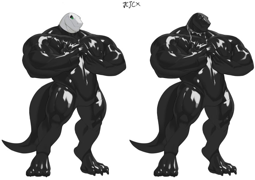 1boy anthro bara bara_tits big_thighs bodily_fluids bulge claws cxcxxcxxxx fondling furry gimp gimp_suit latex latex_suit lizard male male_only mask muscles muscular muscular_arms muscular_legs muscular_male muscular_thighs pecs rubber rubber_suit scalie solo tail touching_chest