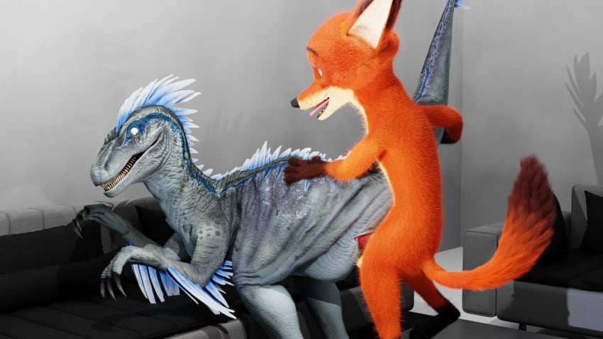 3d_horsey_3d canid canine dinosaur disney dromaeosaurid duo female fox hi_res jurassic_park jurassic_world male male/female mammal nick_wilde open_mouth penetration reptile scalie theropod tongue tongue_out universal_studios vaginal_penetration vaginal_penetration velociraptor zootopia