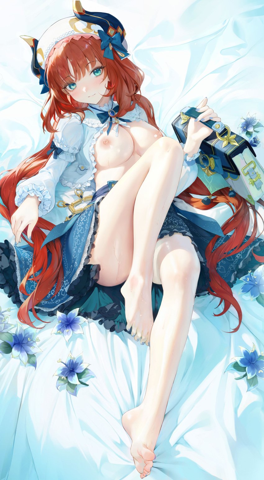 1girls alternate_costume bare_legs barefoot bed blue_eyes blush breasts breasts_out cleavage dress feet female flower frills full_body genshin_impact haku89 hat horns legs lying medium_breasts nail_polish nilou_(genshin_impact) nipples no_bra on_back on_bed open_clothes puffy_sleeves red_hair skirt solo thighs toes wet wet_skin