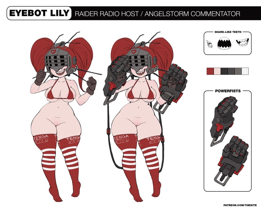 1girls bikini_top bottomless character_sheet color_palette colour_pallet eyebot_lily fallout gloves helmet light-skinned_female power_fist red_hair robot_hands sharp_teeth shortstack tenga thekite thighhighs twintails weapon weapons white_background wide_hips