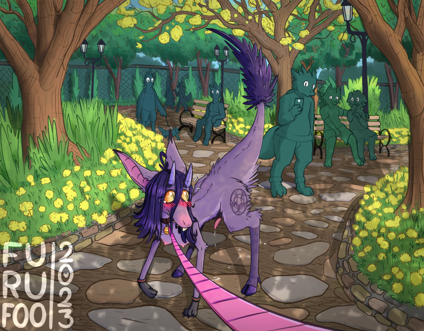 anthro avian bench bird blush bodily_fluids breasts canid canine canis collar cutie_mark dewclaw dialogue domestic_cat domestic_dog equid equine exhibitionism felid feline felis feral feral_prosthetic_limb flower fur furufoo garden genital_fluids genitals group gynomorph hasbro hi_res hooves horn horse intersex kobold lagomorph leaking_pre leash leporid lizard mammal my_little_pony out-of-placers park paws penis perspective petplay plant portal precum puppyplay purple_body purple_fur quadruped rabbit recording reptile roleplay scalie tattoo tree walkies webcomic wolf yinglet