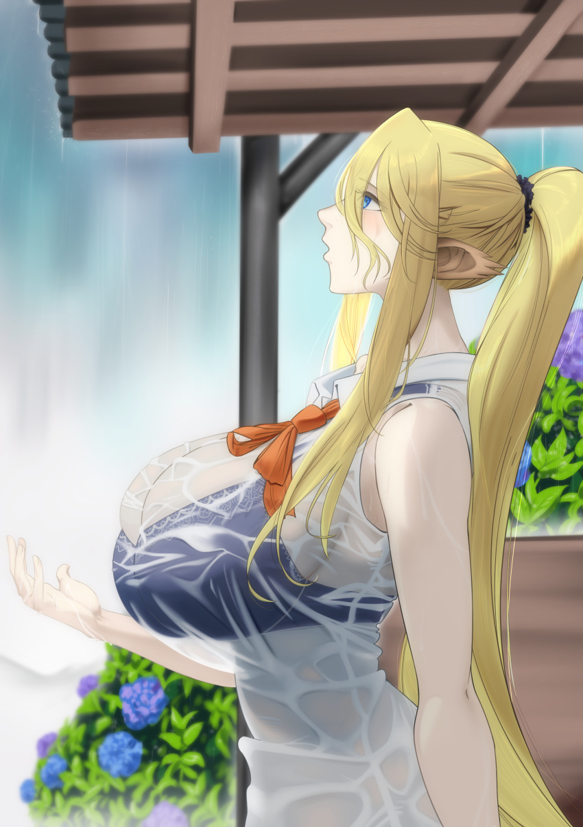 black_bra blonde_hair blue_eyes bowtie bra bra_visible_through_clothes centaur centorea_shianus clothed clothing ecchi equine_ears equine_humanoid female female_focus female_only flower horse_ears humanoid humanoid_pointy_ears imaani long_ears long_hair looking_up monster_girl monster_musume_no_iru_nichijou no no_humans no_penetration orange_bowtie ponytail raining tagme tie wet_clothes wet_shirt white_shirt