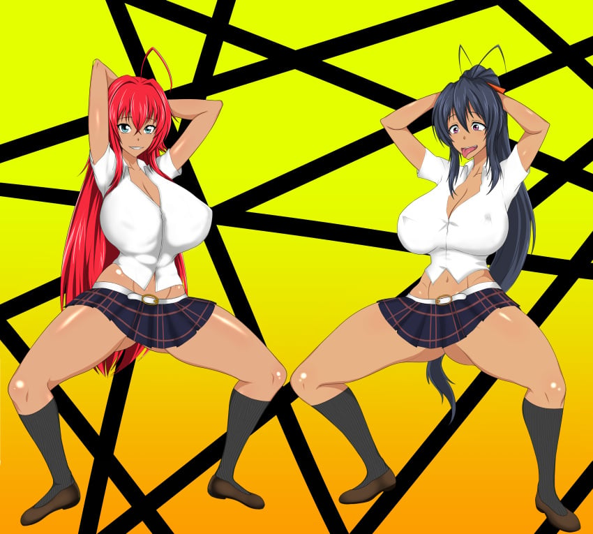 2girls ahoge akeno_himejima arms_behind_head arms_up big_breasts black_legwear blue_eyes_female blue_hair blue_hair_female gyaru high_school_dxd huge_breasts long_blue_hair long_hair long_red_hair multiple_girls no_panties ponytail red_hair rias_gremory sihkygmojsn silly_face skirt spread_legs squatting sweater tan tan_skin tan_skinned_female thick_thighs waist_length_hair