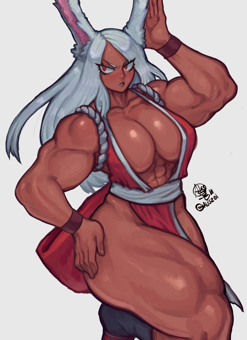 1girls abs absurd_res al3s alternate_muscle_size biceps breasts bunny_ears bunny_girl cosplay crossover_cosplay dark-skinned_female dark_skin fatal_fury hand_on_hip hi_res huge_breasts king_of_fighters looking_to_the_side mai_shiranui_(cosplay) miruko muscular muscular_arms muscular_female my_hero_academia red_eyes rumi_usagiyama signature simple_background sleeveless snk solo thick_thighs twitter_username white_background white_hair