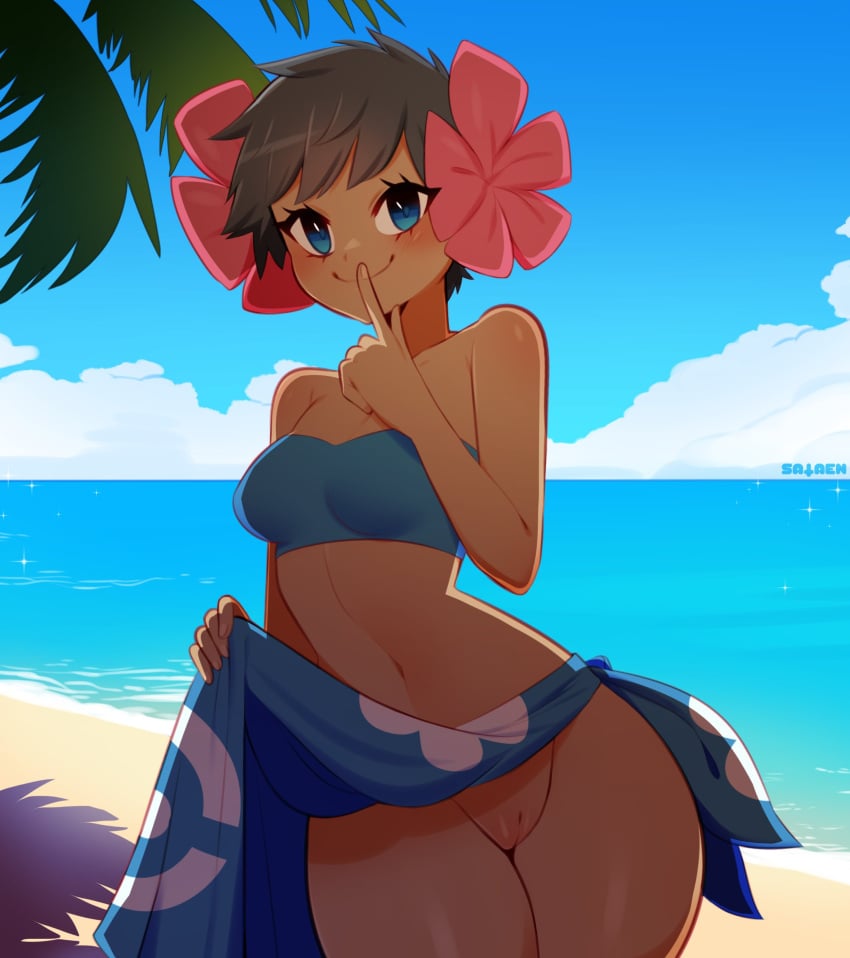 1girls beach black_hair blue_eyes blush bottomless flower flower_in_hair looking_at_viewer partially_clothed phoebe_(pokemon) pokemon presenting pussy sarong sarong_lift sataenart short_hair smile solo standing thick_thighs