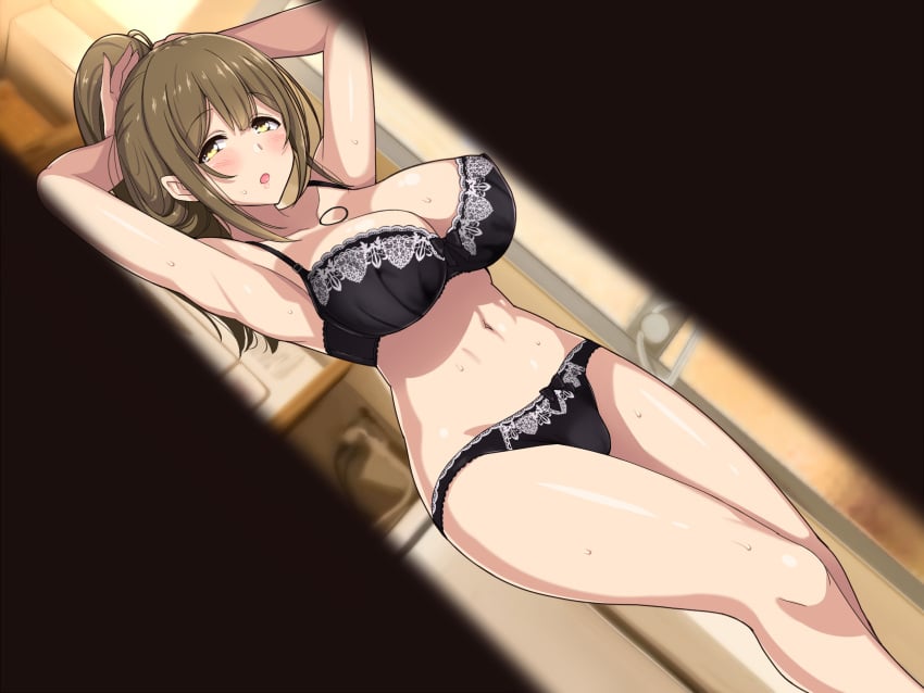 1girls :o armpits arms_up bare_arms bare_legs bare_shoulders big_breasts black_bra black_panties blush bra breasts brown_hair cleavage groin hi_res high_ponytail indoors jewel_(the_black_canvas) lace lace-trimmed_bra lace-trimmed_panties lace_trim large_breasts legs legs_together long_hair looking_at_viewer mature mature_female milf navel onee-san_to_natsu_yasumi original panties parted_lips ponytail solo source_request standing thighs underwear voyeurism yellow_eyes