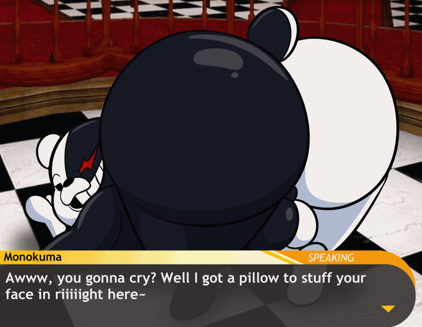 animated ass balls bear big_butt bouncing_butt danganronpa dialogue female female_focus female_only genitals hi_res looking_at_viewer looking_back mammal monokuma no_humans solo solo_male straight_hair taunting tepigfan101