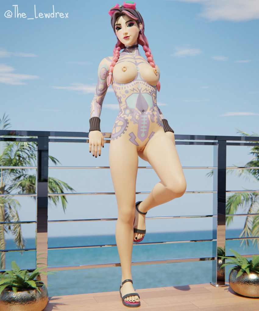 1girls 3d alternate_version_available areolae balcony beach_jules blender braid braided_hair braided_ponytail breasts cloud clouds completely_nude completely_nude_female epic_games female female_focus female_only fortnite freckles freckles_on_face green_eyes highres jules_(fortnite) lewdrex light-skinned_female light_skin looking_at_viewer medium_breasts naked_footwear nipple_piercing nipples nose_piercing nude nude_female pierced_nipples piercing piercings pose posing presenting presenting_breasts presenting_pussy pussy pussy_lips pussy_peek railing sandals sky smile smiling solo solo_focus standing tattoo tattoos topless twin_braids twintails two_tone_hair vagina watermark