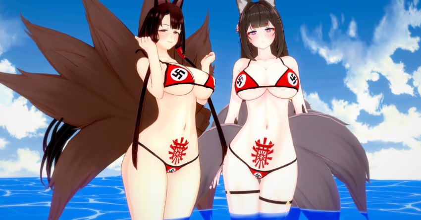 2girls akagi_(azur_lane) amagi_(azur_lane) animal_ears azur_lane beach bleachedartoria brown_hair fluffy fluffy_ears fluffy_tail kitsune koikatsu multiple_girls nazi pubic_tattoo raceplay smile smug swastika swimsuit tattoo