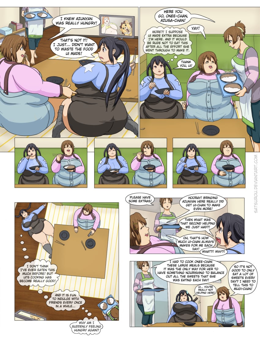 azusa_nakano_(k-on!) bbw belly_on_table big_belly big_butt butt chubby chubby_female comic eating fat fat_ass fat_girl fat_woman huge_butt k-on! large_butt larger_female obese obese_female overweight overweight_female rice speech_bubble thick_thighs ui_hirasawa_(k-on!) weight_gain yui_hirasawa_(k-on!)