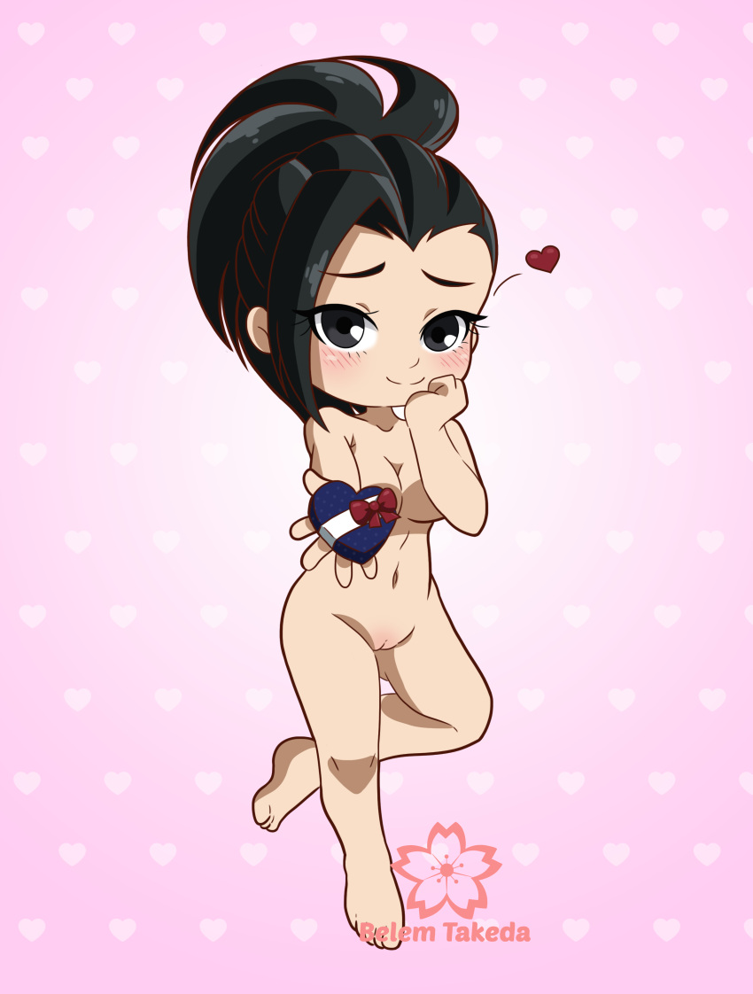 1girls barefoot belem_takeda black_hair blush blush_lines box_of_chocolates breasts chibi completely_nude completely_nude_female cute female female_only full_body heart heart_box looking_at_viewer momo_yaoyorozu my_hero_academia naked naked_female nude nude_female smile solo solo_female valentine's_day