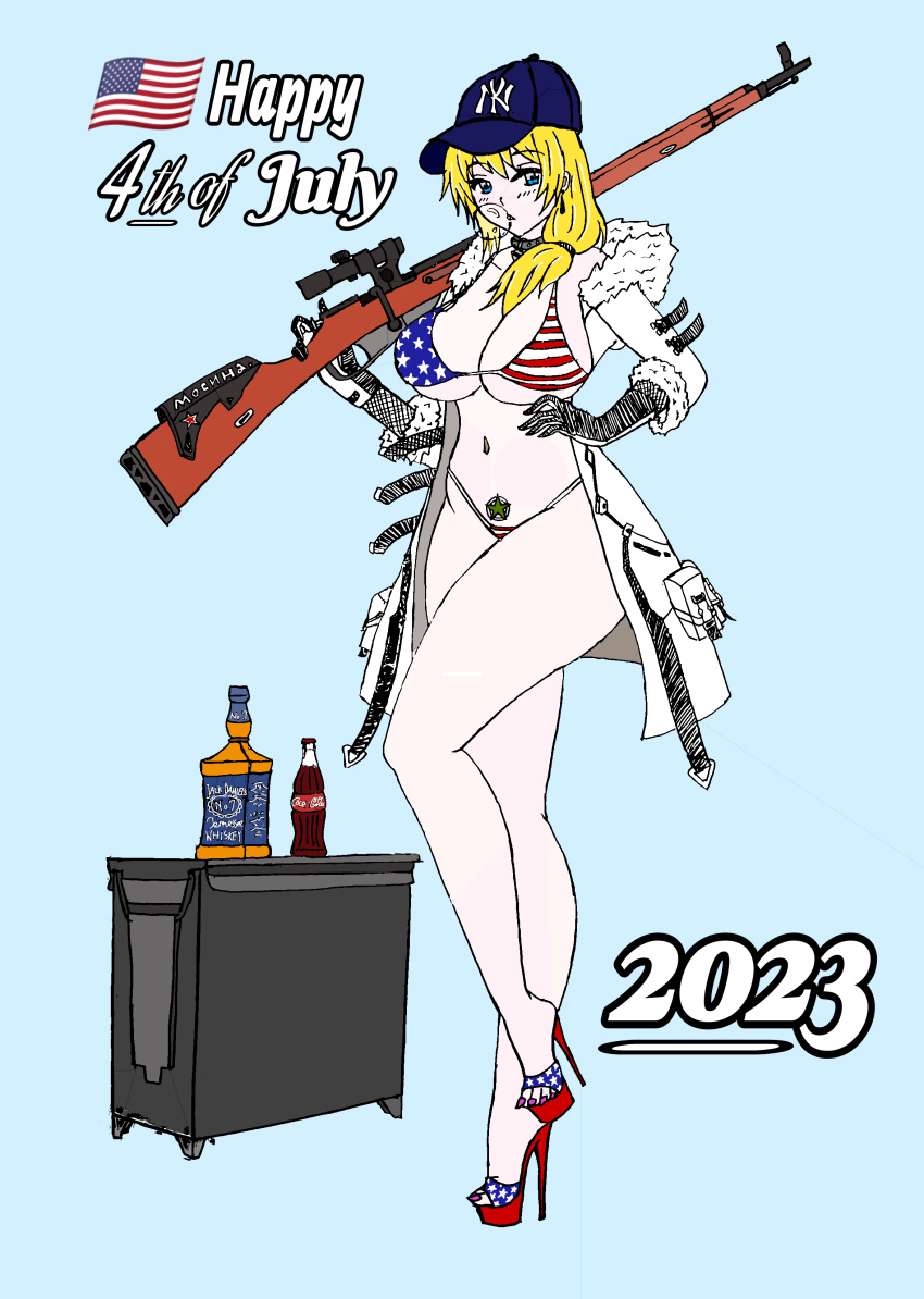 4th_of_july american_flag_bikini baseball_cap blonde_hair blue_eyes chewing_gum coat coke-bottle_glasses collar girls'_frontline gun high_heel_sandals large_breasts liquor_bottle mosin-nagant_(girls'_frontline) national_personification personification pubic_tattoo side_ponytail thick_thighs toenail_polish wide_hips