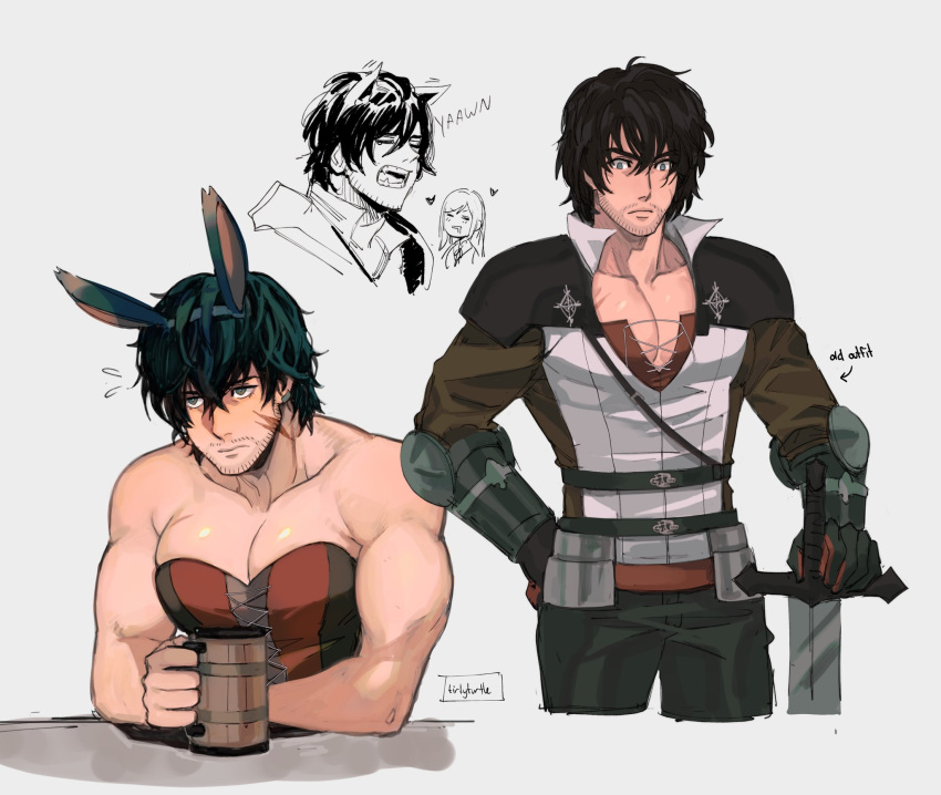 1boy artist_request big_breasts black_hair breasts busty clive_rosfield clothed crossdressing dark_hair final_fantasy final_fantasy_xvi fit fit_male huge_breasts large_breasts light-skinned_male light_skin male male_only man_boobs muscular muscular_male scar scarred scars tirtyturtle