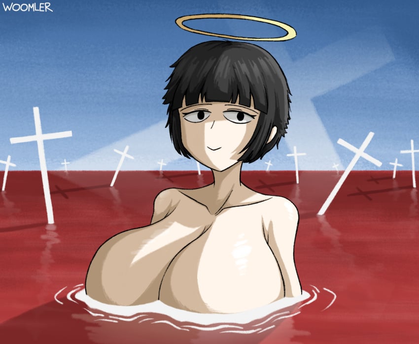 1girls 2023 angel artist_name black_hair breasts cross female halo in_water kamiyama_youko large_breasts looking_at_viewer ocean short_hair smile solo woomler