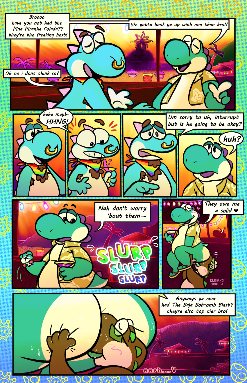 absurd_res alcohol anal anthro ass beach beverage big_butt bodily_fluids comic comic_panel dizzysauce_nsfw drooling facesitting gay gay_rimjob group hi_res male male/male mario_(series) nintendo oral rimjob rimming saliva seaside sex sitting_on_another slurping speech_bubble summer sunset super_mario_sunshine sweat text trio yoshi