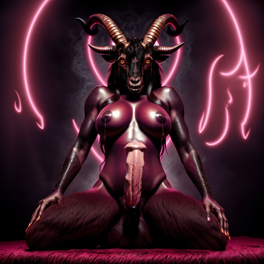 ai_generated baphomet baphomet_(deity) cock_worship colored_skin comewithme cum demon devil futanari goat_demon goat_ears goat_eyes goat_horns god hairy_legs horsecock hypnosis lactating lactation looking_at_viewer monster neon on_knees realistic rectangular_pupils satan satanic satyr scales sheath solo stable_diffusion symmetry veiny_penis worship