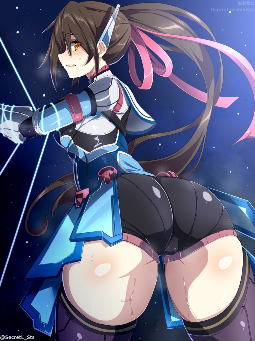 artist_request ass ass_focus blush bound_arms breasts brown_eyes brown_hair cameltoe clenched_teeth dress female from_behind hair_ribbon huge_ass leaning leaning_forward long_hair looking_back looking_down medium_breasts ponytail saionji_reimi secretl_sts short_dress short_shorts shorts sideboob solo star_ocean star_ocean_the_last_hope sweat thick_thighs thighhighs very_long_hair