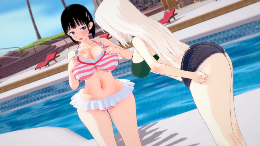 2girls black_hair crossover female female_only hotpants kaguya-sama_wa_kokurasetai_~tensai-tachi_no_renai_zunousen~ kirigaya_suguha large_ass large_breasts multiple_girls pool rhcpftw shirogane_kei swimsuit sword_art_online thick_thighs white_hair